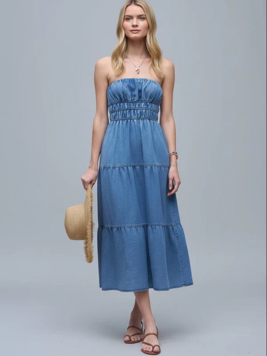 Dresses & Skirts - NWT Strapless Shirred Tiered Denim Midi Dress